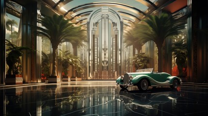 A luxurious art deco interior featuring tall palm trees, elegant architecture, and a vintage green convertible car parked on a glossy black marble floor.