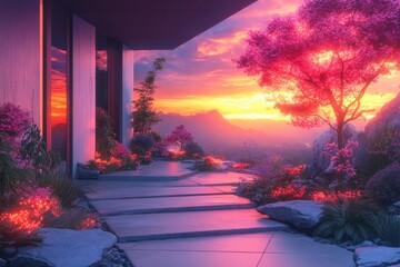 Modern architecture with stunning mountain and sunset view