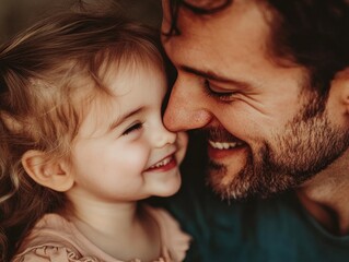 Close up young handsome father happily touch noses with daughter at home