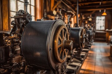 Antique industrial looms with large wheels and belts in wooden workshop environment.