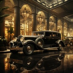 Obraz premium A vintage art deco luxury car parked in an opulent hotel lobby with elegant decor, chandeliers, and polished floors reflecting the car's shine.