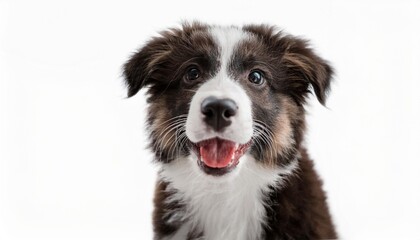 笑顔のボーダーコリーの子犬のポートレート（Portrait of a smiling Border Collie puppy on white background）
