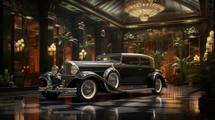 A vintage luxury car art deco in an opulent interior with elegant decor, featuring tall palm plants and ornate chandeliers.