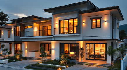 Fototapeta premium A combined terrace houses design beautiful exterior with white theme and minimal orange lightings. Generative AI.