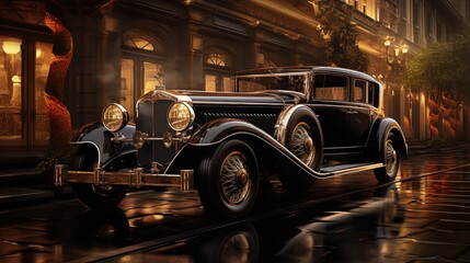 Fototapeta premium A vintage art deco luxury car parked on a wet street at night, illuminated by warm street lights. The car features classic design elements with chrome accents.