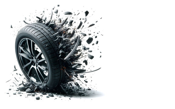 The car wheel exploded, car tire is broken.