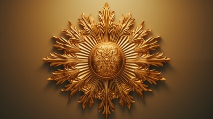Fototapeta premium A decorative golden sunburst wall art piece with intricate floral and leaf patterns, set against a smooth, warm-toned background.