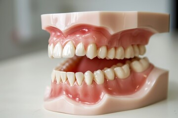 Fototapeta premium Dental model with teeth on cabinet background for medical study