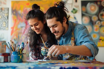 A couple painting side by side in a spacious art studio, filled with inspiration and various artistic supplies, A married duo painting together in a bright and colorful art studio. AI generated