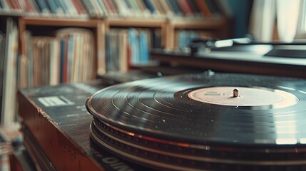 Close up of a vintage record player with a vinyl record spinning.