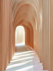 Obraz premium A modern architectural design featuring a long hallway with high arched wooden ceilings.