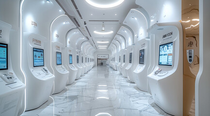 Obraz premium Smart service hall, White walls, A variety of interactive devices, Self-service ID card processing machine. Generative AI.
