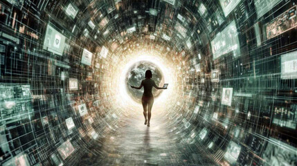A person holding a laptop stands in a futuristic, digitally-infused tunnel leading to a glowing sphere. The tunnel walls are covered with various digital interfaces and screens.AI generated.