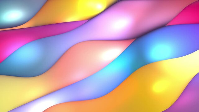 Abstract 3D loop background. Squishy diagonal waves in cyan, blue, purple, pink, red, orange, yellow, white.