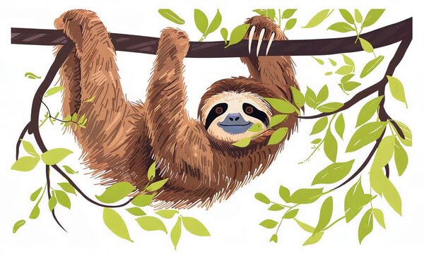 Smiling Sloth Hanging on Branch