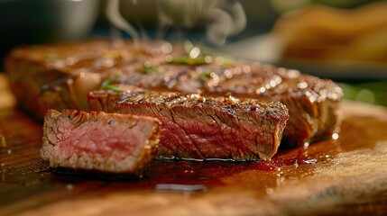 Deliciously juicy sliced beef ribeye steak, perfectly cooked and ready to be savored