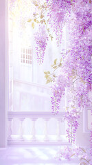 purple flowers against white wall with elegant white wooden window