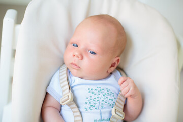 Newborn baby boy in high chair