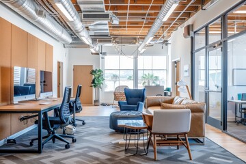 Fototapeta premium A professional office setup including a desk, a chair, and a window, promoting a serene working atmosphere, A modern office space with sleek furniture and natural light. Ai generated