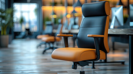 Office desk and ergonomic office chairs in modern office. modern open-plan office. Generative AI.