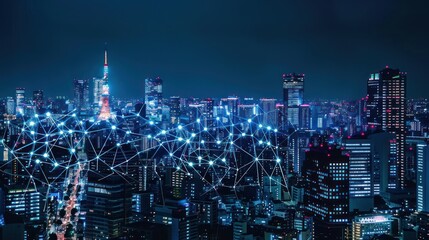 Fototapeta premium Night Cityscape with Network Connections