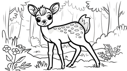 A black-and-white illustration of a cute deer in a forest, designed as a coloring page. The scene includes trees, bushes, and other nature elements, perfect for children's coloring activities.