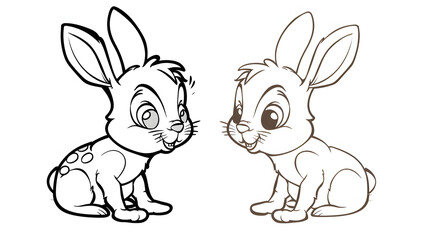 Fototapeta premium Adorable black-and-white line drawing of two cartoon bunnies sitting and facing each other, perfect for coloring activities and creative projects.