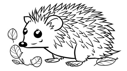 Obraz premium Black and white illustration of an adorable hedgehog surrounded by falling leaves. Perfect for coloring books, children's designs, or nature-themed artwork.
