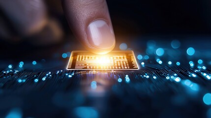 A close-up of a finger touching a glowing microchip on a circuit board, symbolizing technology and innovation.