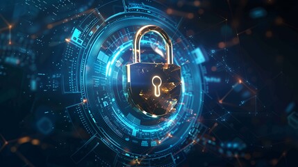 Obraz premium Golden padlock in a blue and orange digital background.