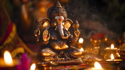 Obraz premium Ornate and Intricately Detailed Brass Ganesha Statue Surrounded by Flickering Oil Lamps and Vibrant Floral Offerings During a Sacred Ganesh Chaturthi Prayer Ceremony and Festival