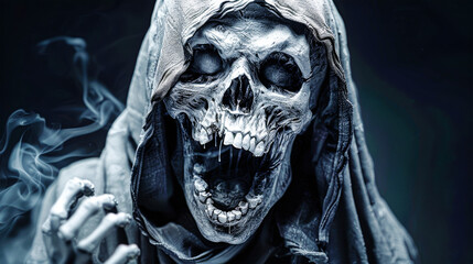 The grim reaper's skull face lets out a chilling scream, evoking fear and horror in a dramatic Halloween atmosphere