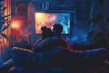 Fototapeta premium A couple sits comfortably on a couch, watching television, with ambient lights enhancing the cozy living room vibe, A pair of spouses cuddling on the couch, watching a movie together. Ai generated