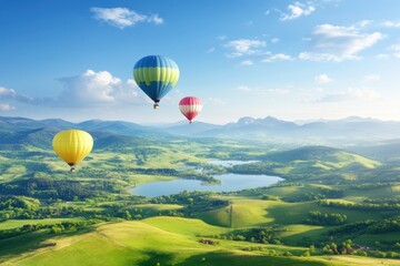 Naklejka premium Colorful hot air balloons floating above a scenic landscape, creating a vibrant and festive atmosphere.