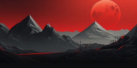 Low Poly Mountain Landscape with a Red Moon.
