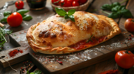 Close-up of a homemade calzone filled with tomato sauce, garnished with fresh basil, and resting on a rustic wooden board. Surrounded by fresh ingredients like cherry tomatoes and herbs, creating a wa