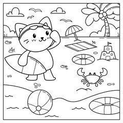 coloring page of a child, cute cat ready for swimming on the beach