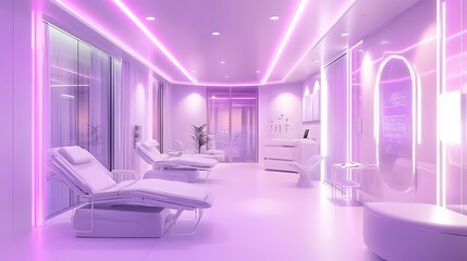 A cybernetic enhancement clinic featuring digital interfaces and cutting-edge medical technology.