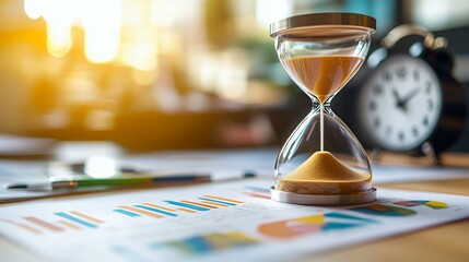 Hourglass on a desk with financial charts, pen, and a blurry clock in the background.