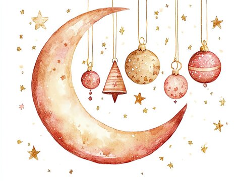 Whimsical watercolor art featuring a crescent moon adorned with hanging ornaments and sparkling stars for festive decoration.