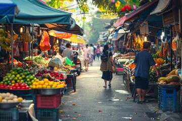 Naklejka premium A pair of spouses exploring a vibrant street market, sampling local cuisine, AI generated