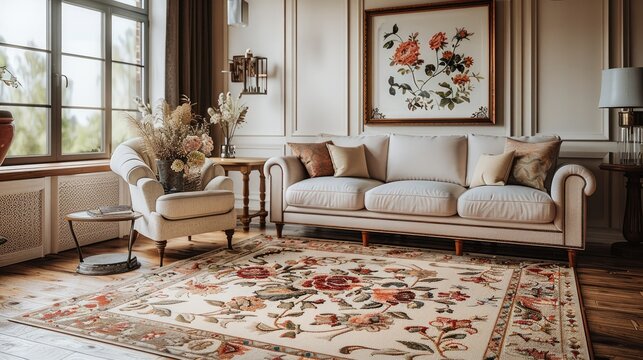 On the floor is an intricately designed rug with floral and botanical motifs, beige or light brown, embroidered with intricate flowers such as roses, daisies, tulips and leaves. Generative AI.