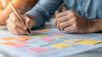 A person writes on a white paper covered with colorful sticky notes, depicting brainstorming and planning in a creative environment.