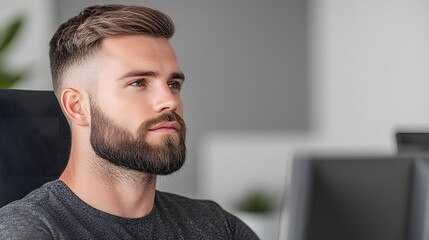 Obraz premium A focused young man with a beard sits at a desk, concentrating on his work in a modern office environment.