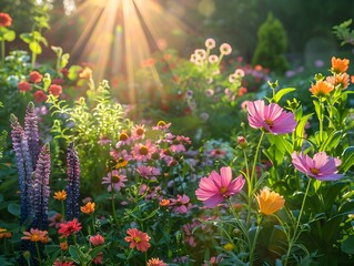 Obraz premium Vibrant Garden in Full Bloom Symbolizing New Beginnings and Fresh Starts with Sunlight Streaming Through the Flowers