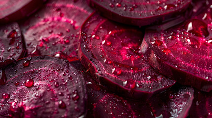 Detailed macro shot of fresh beetroot slices, glistening with water droplets. The deep red hues and rich textures highlight the freshness and natural beauty of the vegetable.