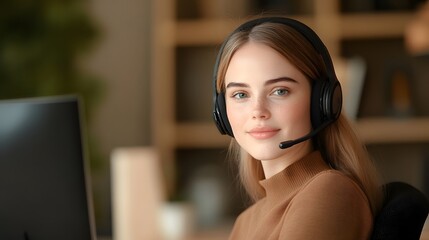 Professional call center agent with headset smiling at computer, offering customer support and assistance in modern office.