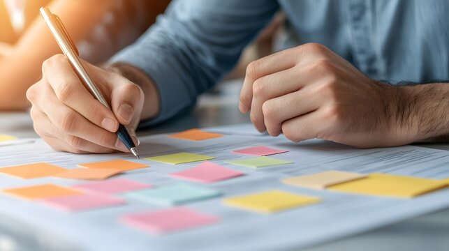 A person writes on a white paper covered with colorful sticky notes, depicting brainstorming and planning in a creative environment.