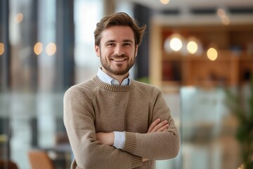 Portrait of a smiling young man with arms crossed, standing in an office setting.