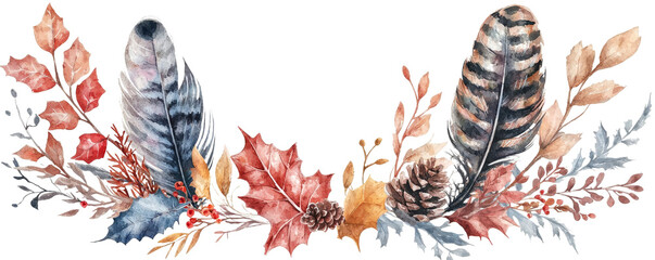 A beautiful arrangement of autumn leaves and feathers, perfect for seasonal decor, invitations, and artistic designs.